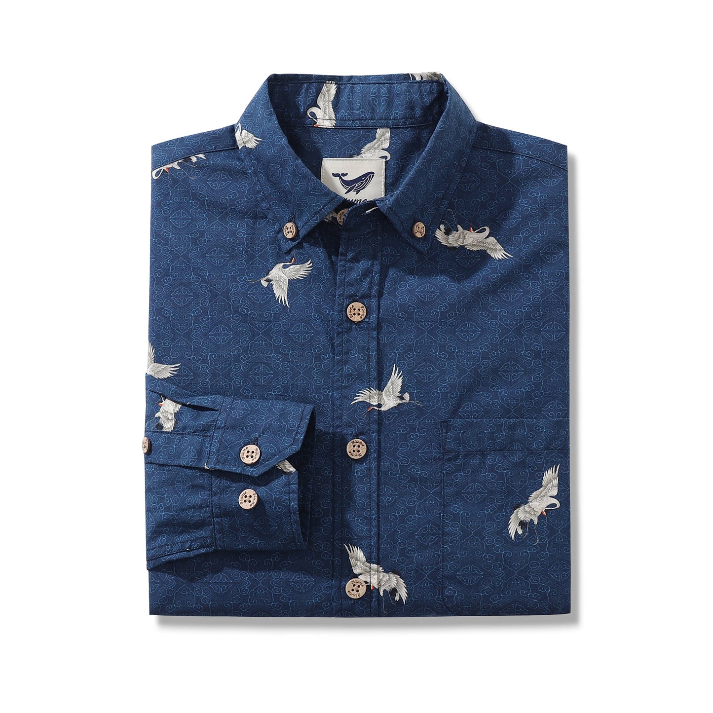 Men's Hawaiian Shirt Crane Cotton Button-down Long Sleeve Aloha Shirt