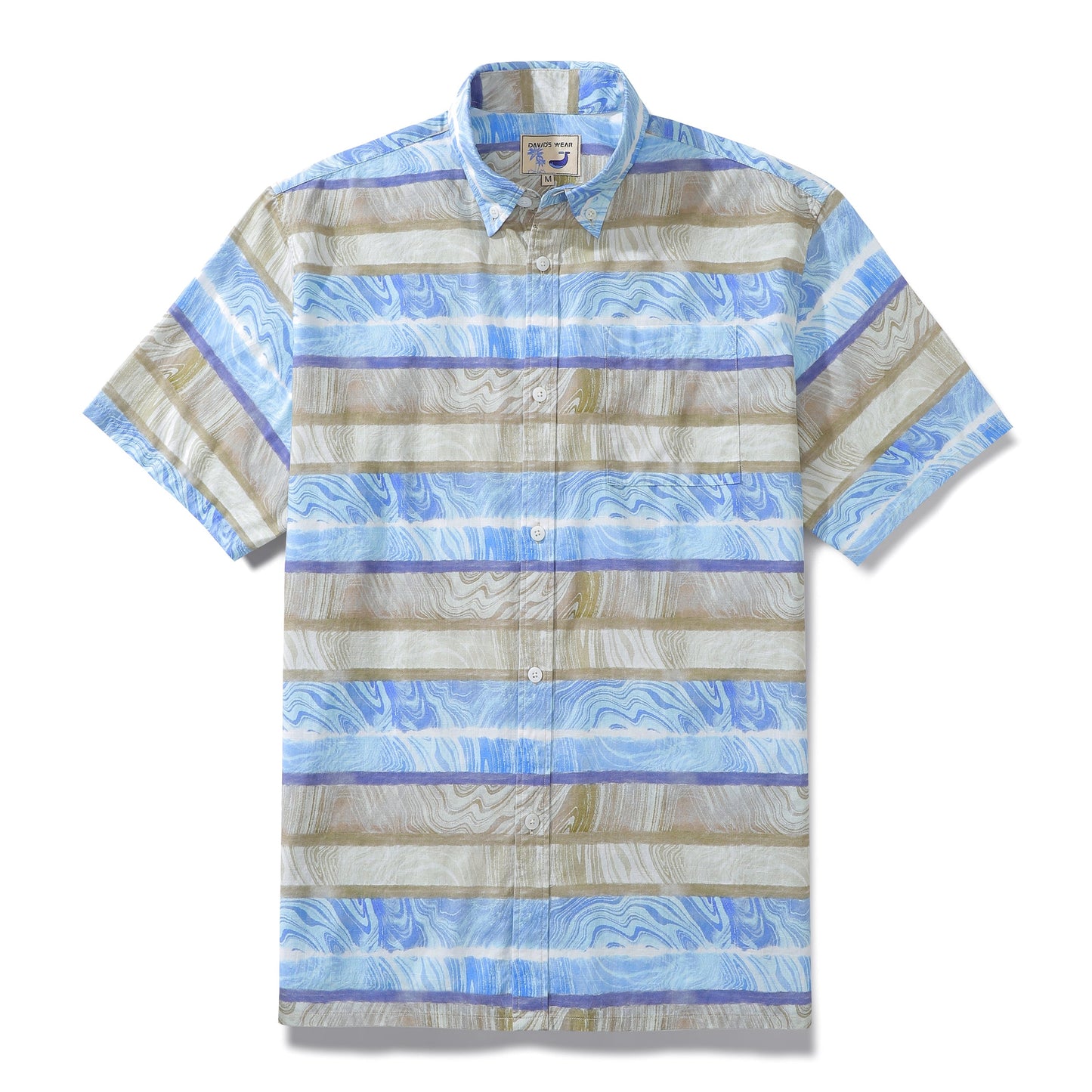Men's Horizontal Stripe Shirt Blue Waves Print Casual Short Sleeve Button Down