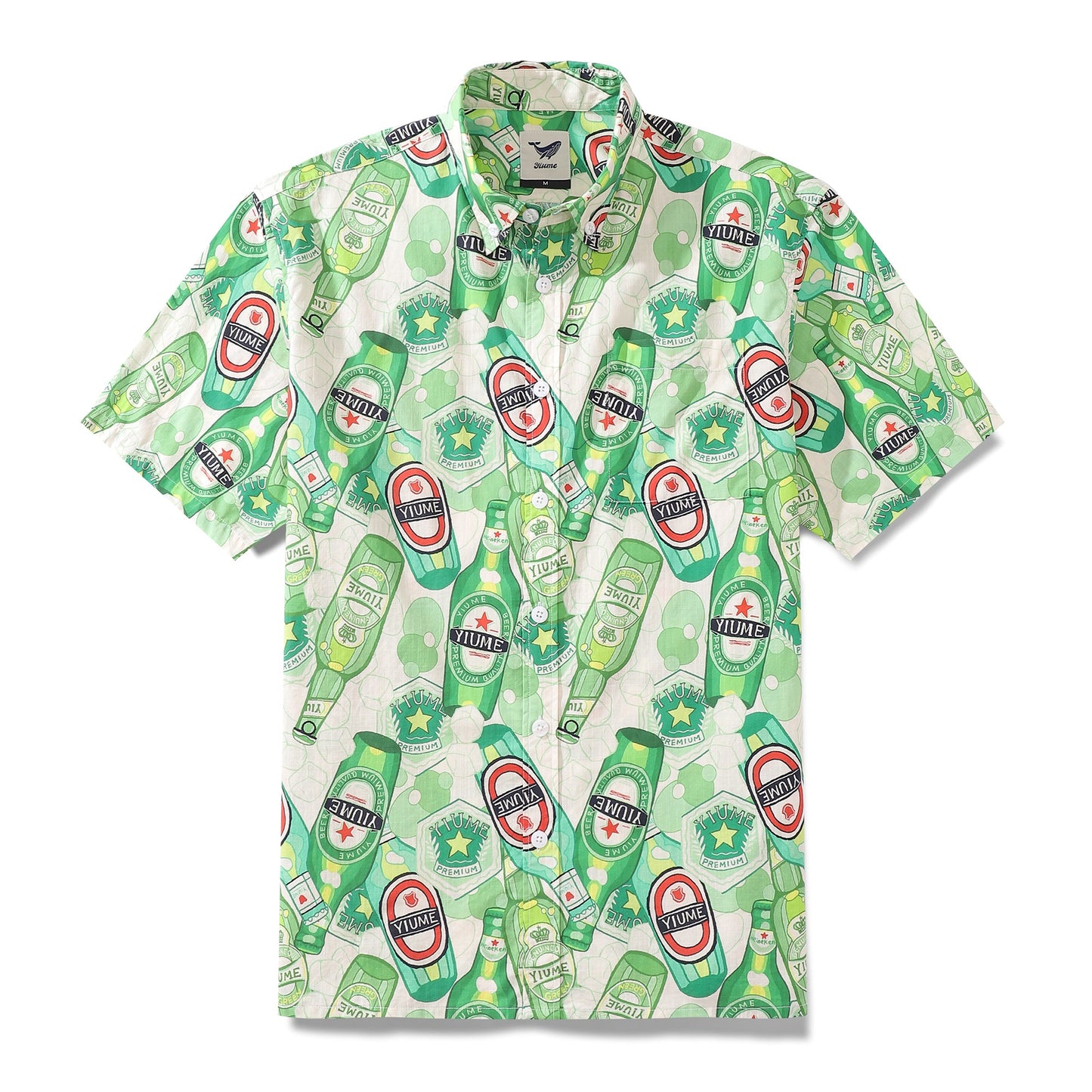Men's Hawaiian Shirt Green Bubble Print Cotton Button-down Short Sleeve Aloha Shirt