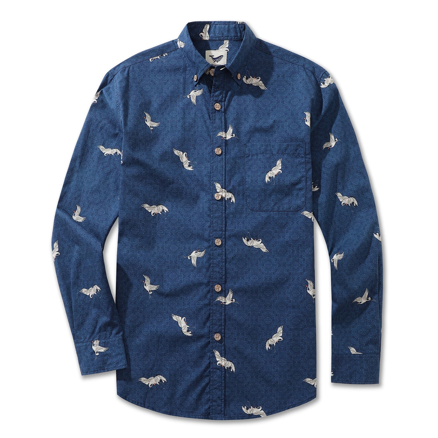 Men's Hawaiian Shirt Crane Cotton Button-down Long Sleeve Aloha Shirt