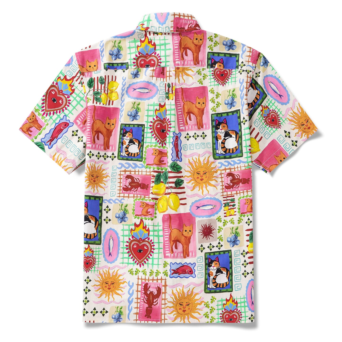Men's Hawaiian Shirt Short Sleeve Button-down 100% Cotton Blue Aloha Summer Cats