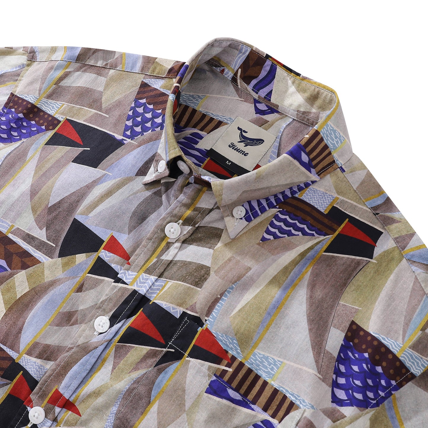 1960s Vintage Men's Hawaiian Shirt Sailboat Print Cotton Button-down Short Sleeve Aloha Shirt