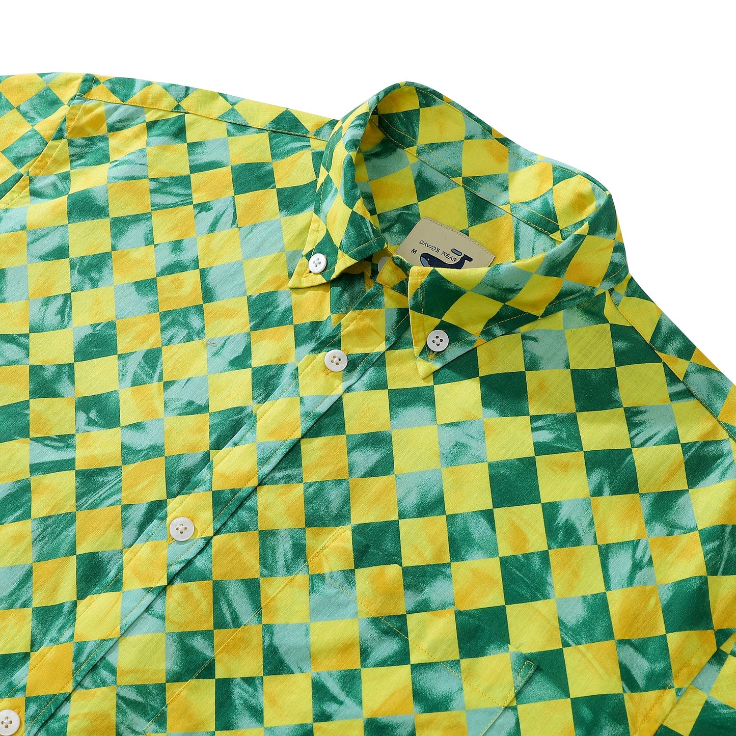 1970s Vintage Yellow-Green Rhombus Tropical Print 100% Cotton Men's Button-Down Shirt