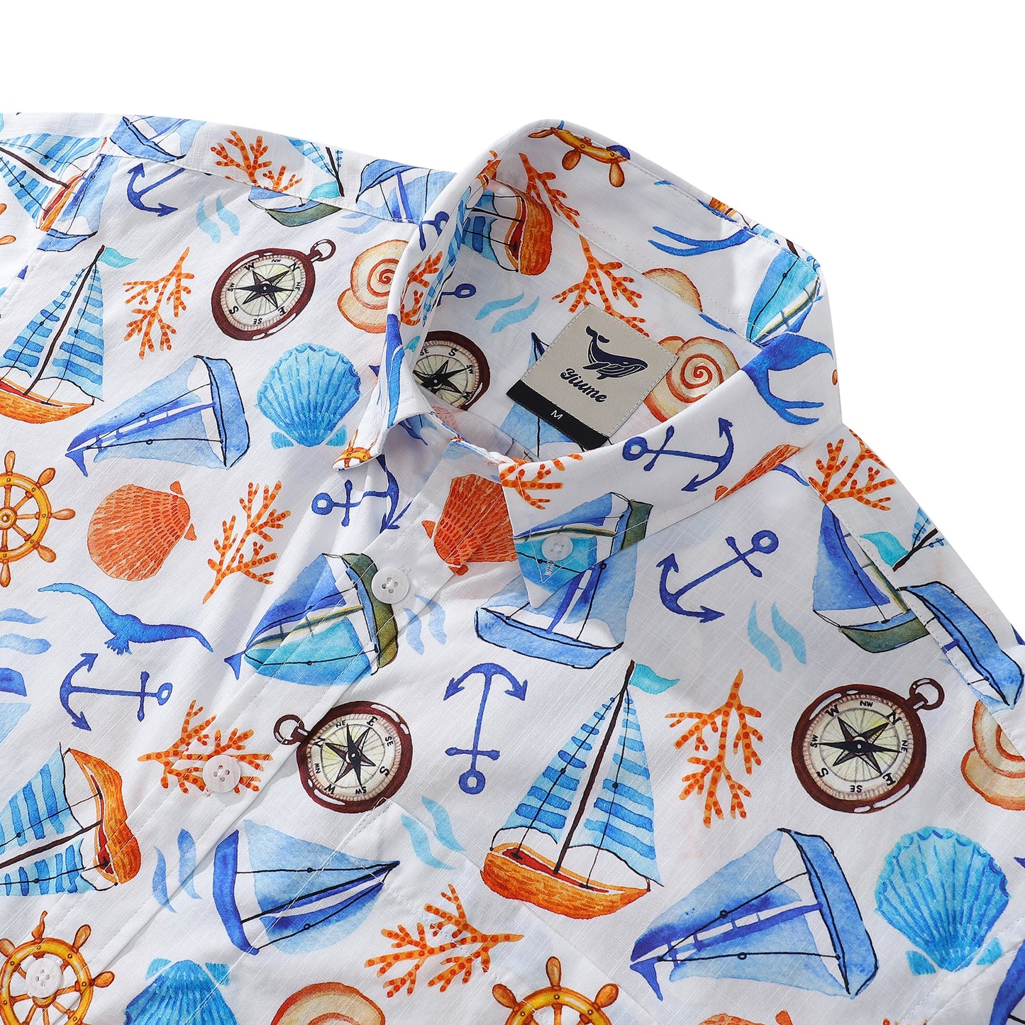 Men's 1970s Vintage Hawaiian Shirt Sailing Adventure Print Cotton Button-down