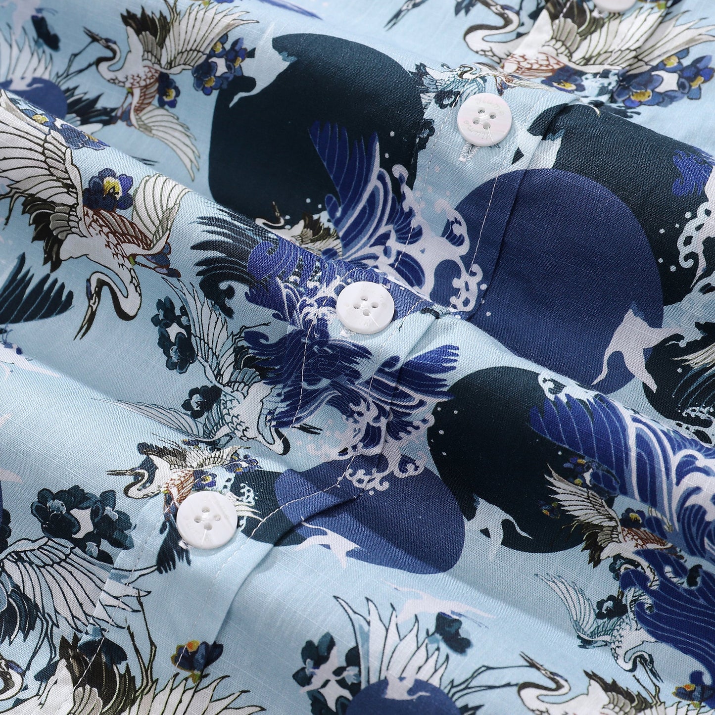 Men's Hawaiian Shirt Crane Waves Dancing Together Print Cotton Button-down Short Sleeve Aloha Shirt