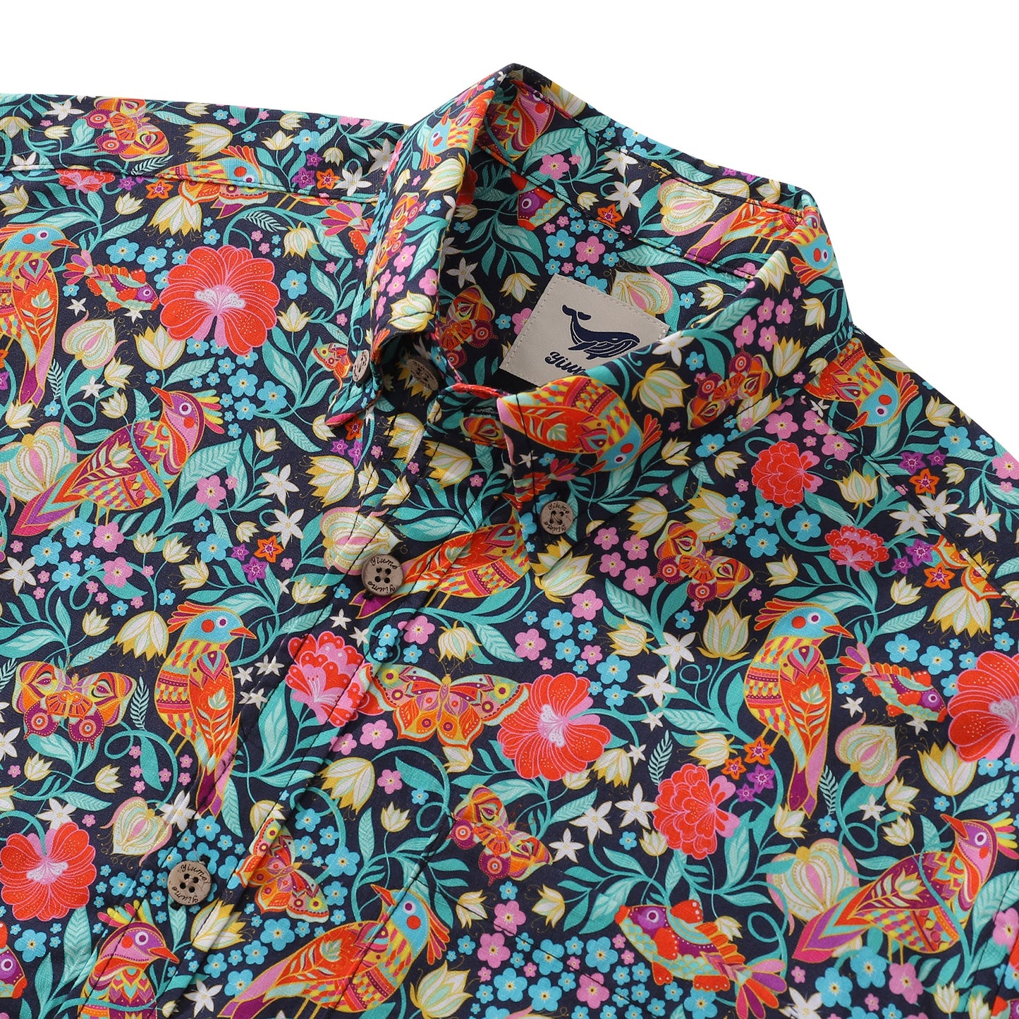 Men's Hawaiian Shirt Magic Garden Birds By Car Pintos Print Cotton Button-down Short Sleeve Aloha Shirt