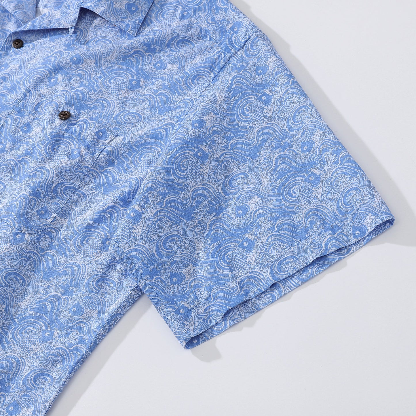 Hawaiian Shirts For Men Traditional Koi Carp Printed 100% Cotton Short Sleeve - Blue