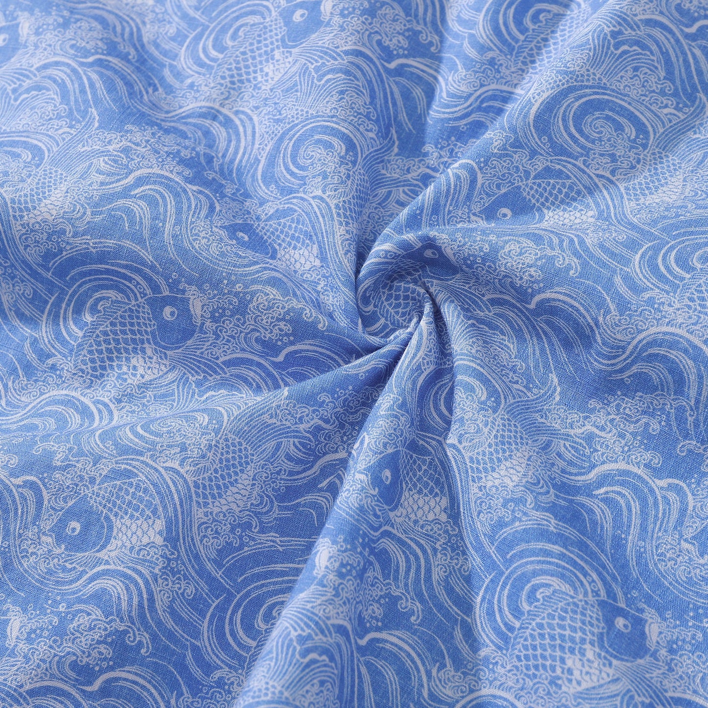 Hawaiian Shirts For Men Traditional Koi Carp Printed 100% Cotton Short Sleeve - Blue