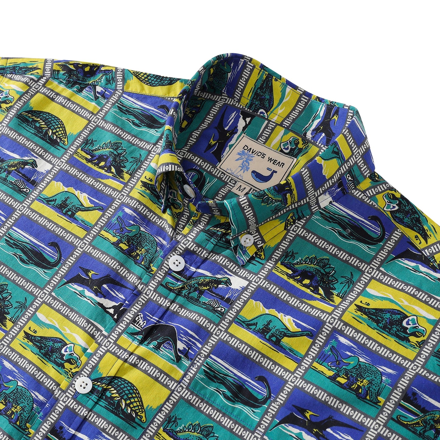 Hawaiian Shirts for Men Retro Dinosaur Stamp Collection 100% Cotton Short-Sleeve