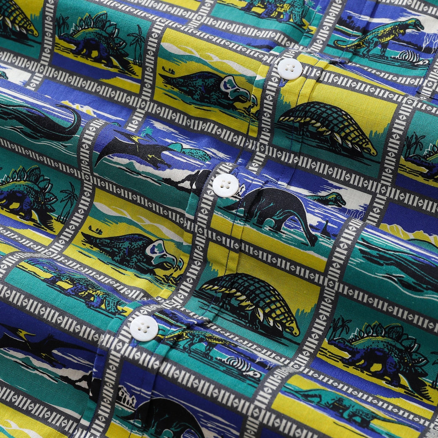 Hawaiian Shirts for Men Retro Dinosaur Stamp Collection 100% Cotton Short-Sleeve