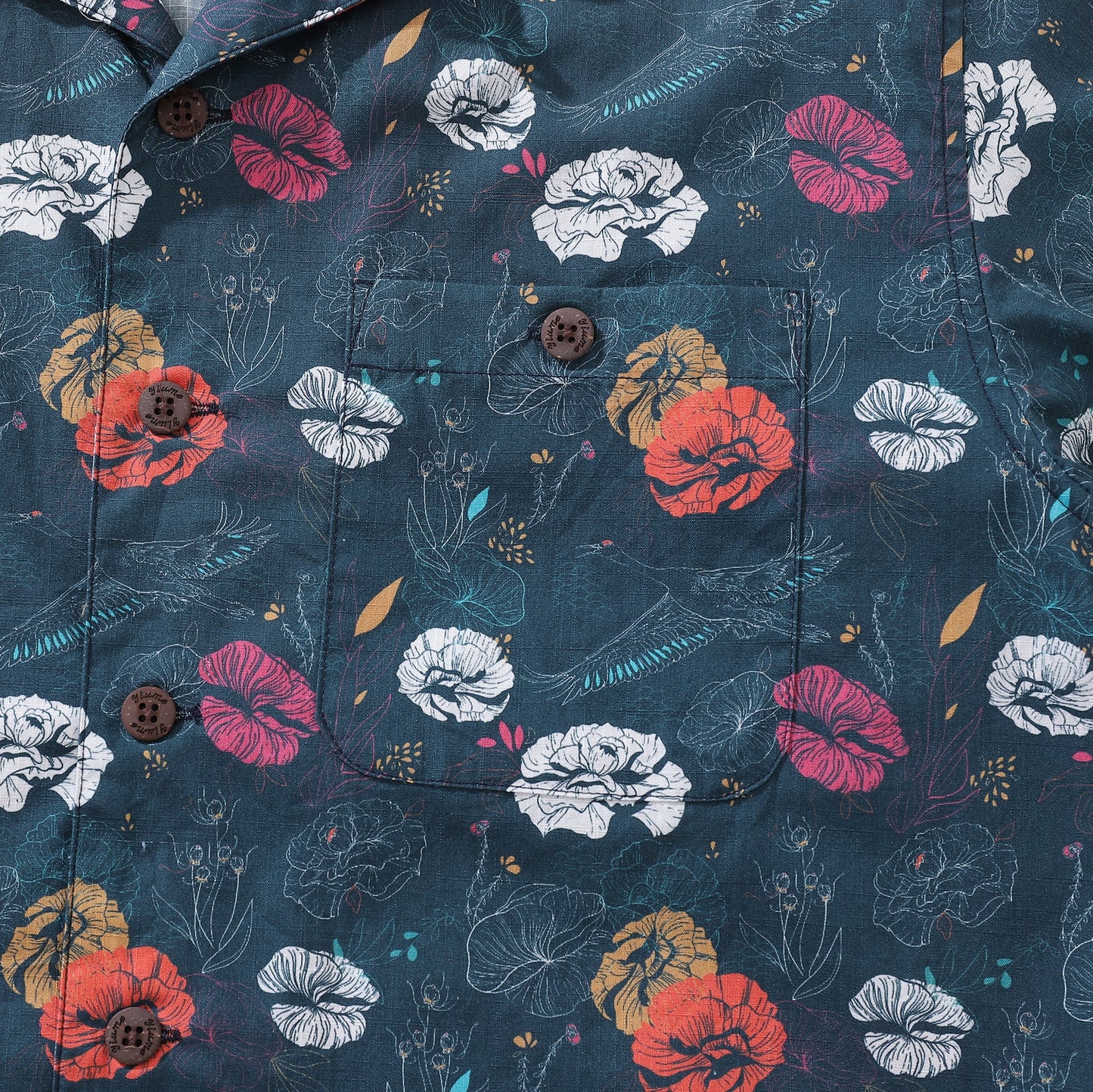 Hawaiian Shirt For Men Cranes Over Flowers By Véronique Shirt Camp Collar 100% Cotton