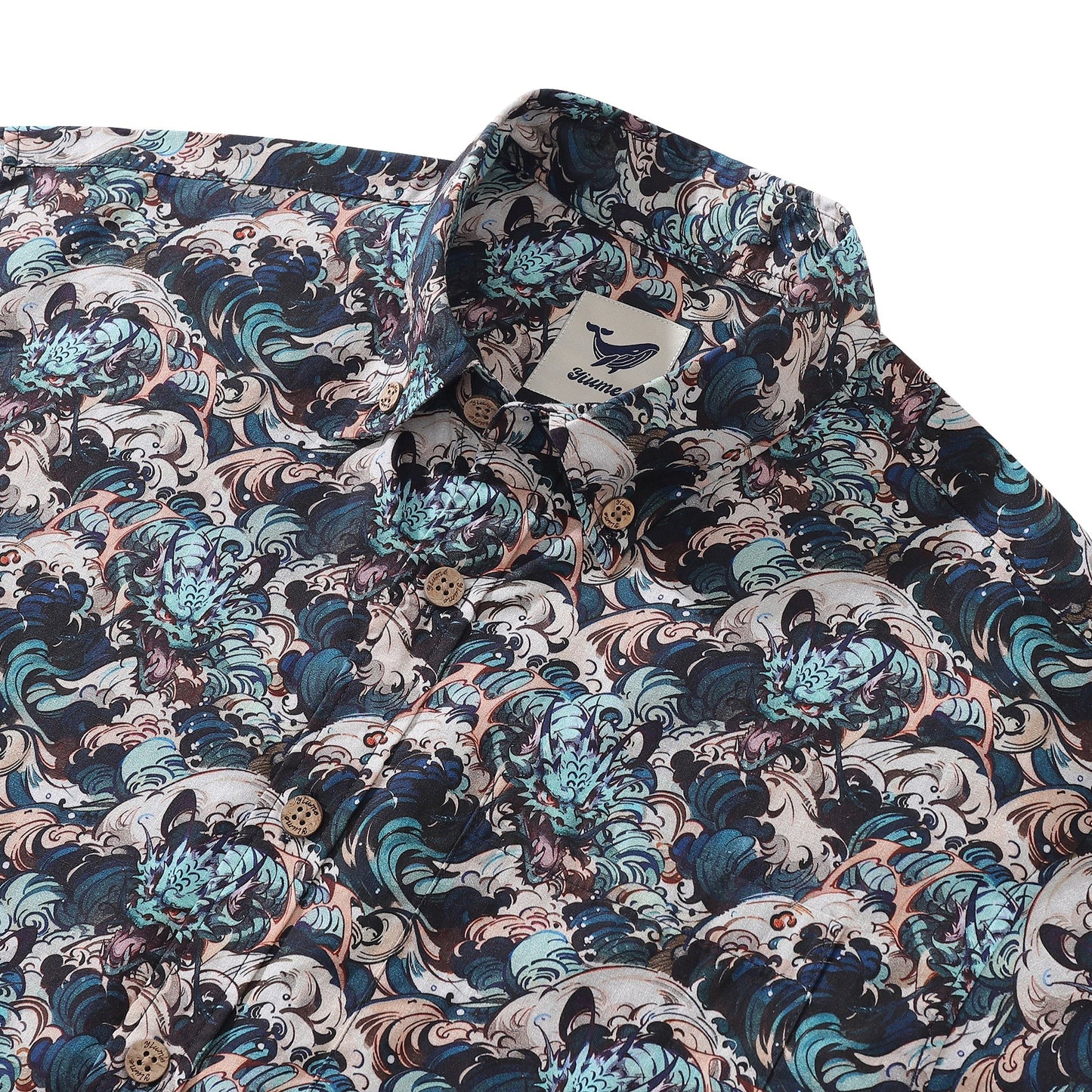 Men's Hawaiian Shirt Riding the Dragon's Wave Print Cotton Button-down Short Sleeve Aloha Shirt