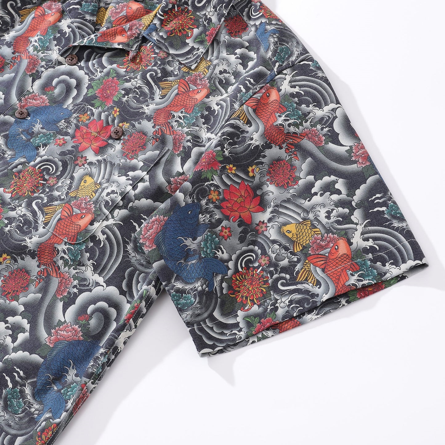 Wrinkle-Free Men's Hawaiian Shirt Japanese Koi Fish Print By Gee Button-down Short Sleeve Aloha Shirt