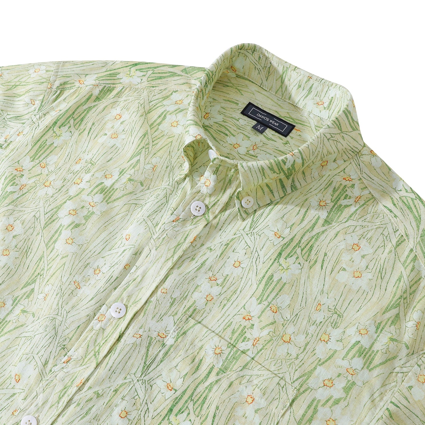 Men's Aloha Shirt Light Green Vintage Daffodils Floral Cotton Short Sleeve Button Down