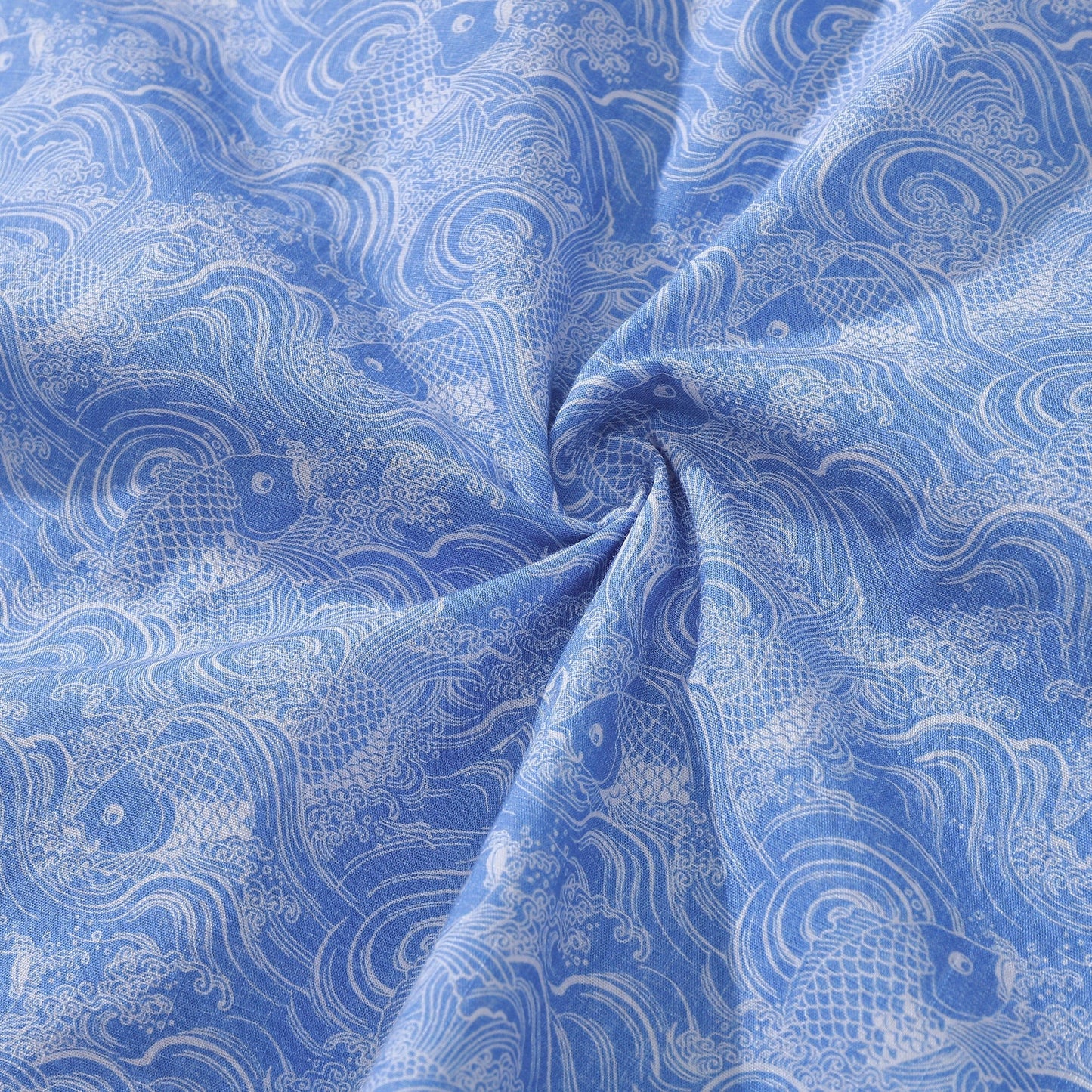 Hawaiian Shirts For Men Traditional Koi Carp Printed 100% Cotton Short Sleeve - Blue