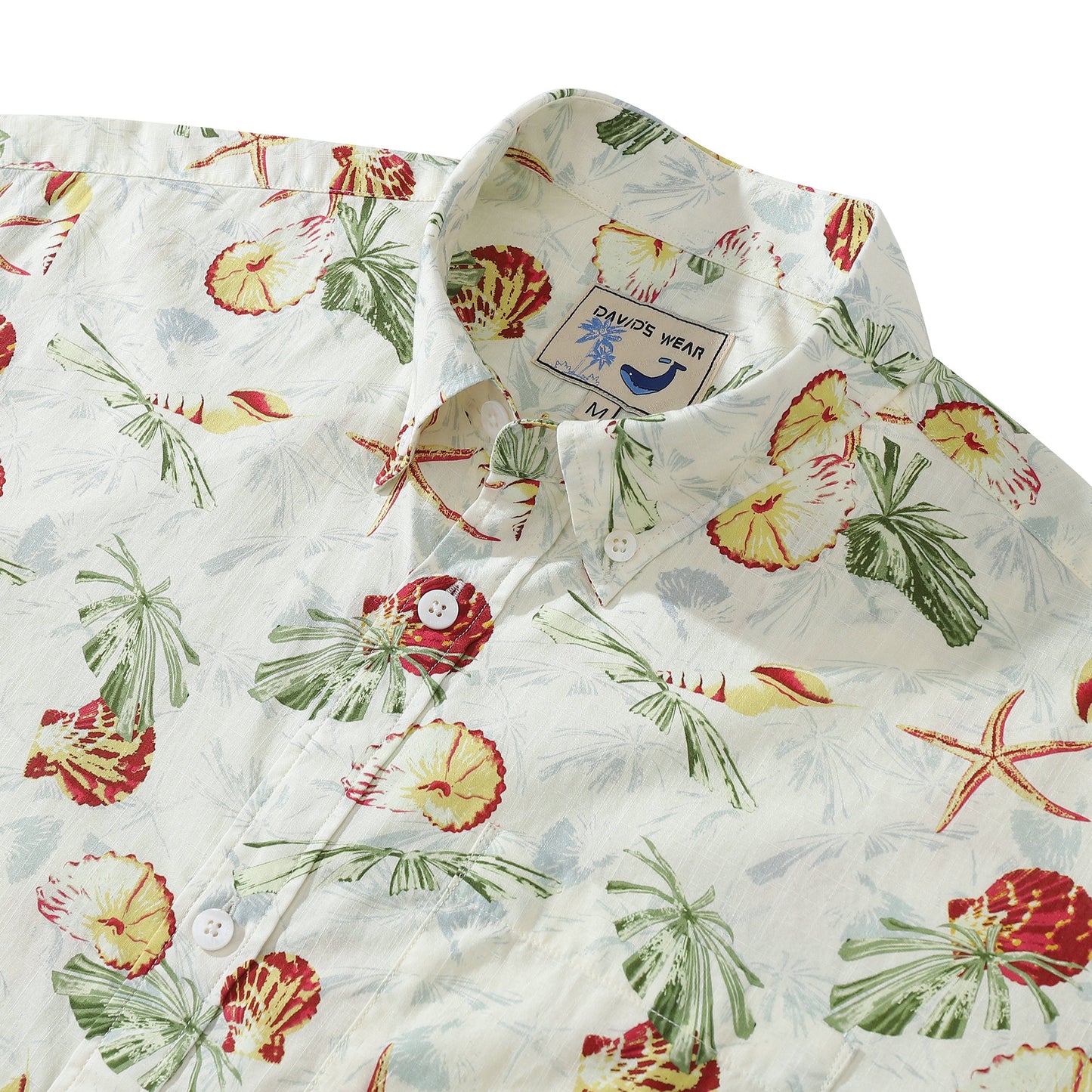 Hawaiian Men's Shirt Vintage Palm Leaf Shell Silhouette Print 100% Cotton Short Sleeve Shirt