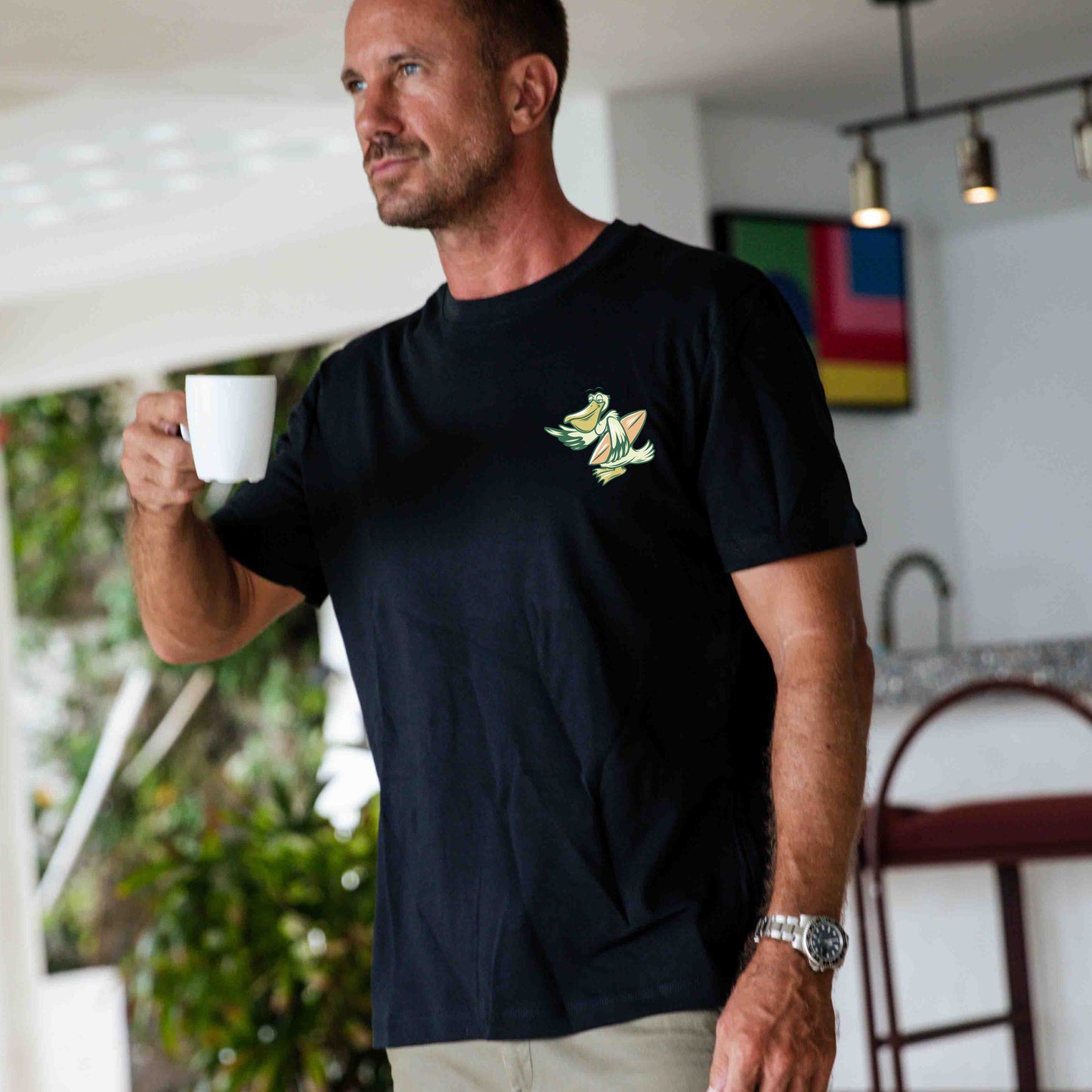 Hawaiian Tee For Men More Surf - Less Work By Loindaflow Tee Crew Neck 100% Cotton - BLACK