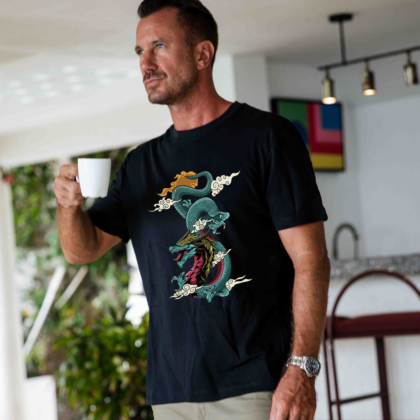 Hawaiian Tee For Men Dragon Soars Tee Crew Neck 100% Cotton - BLACK