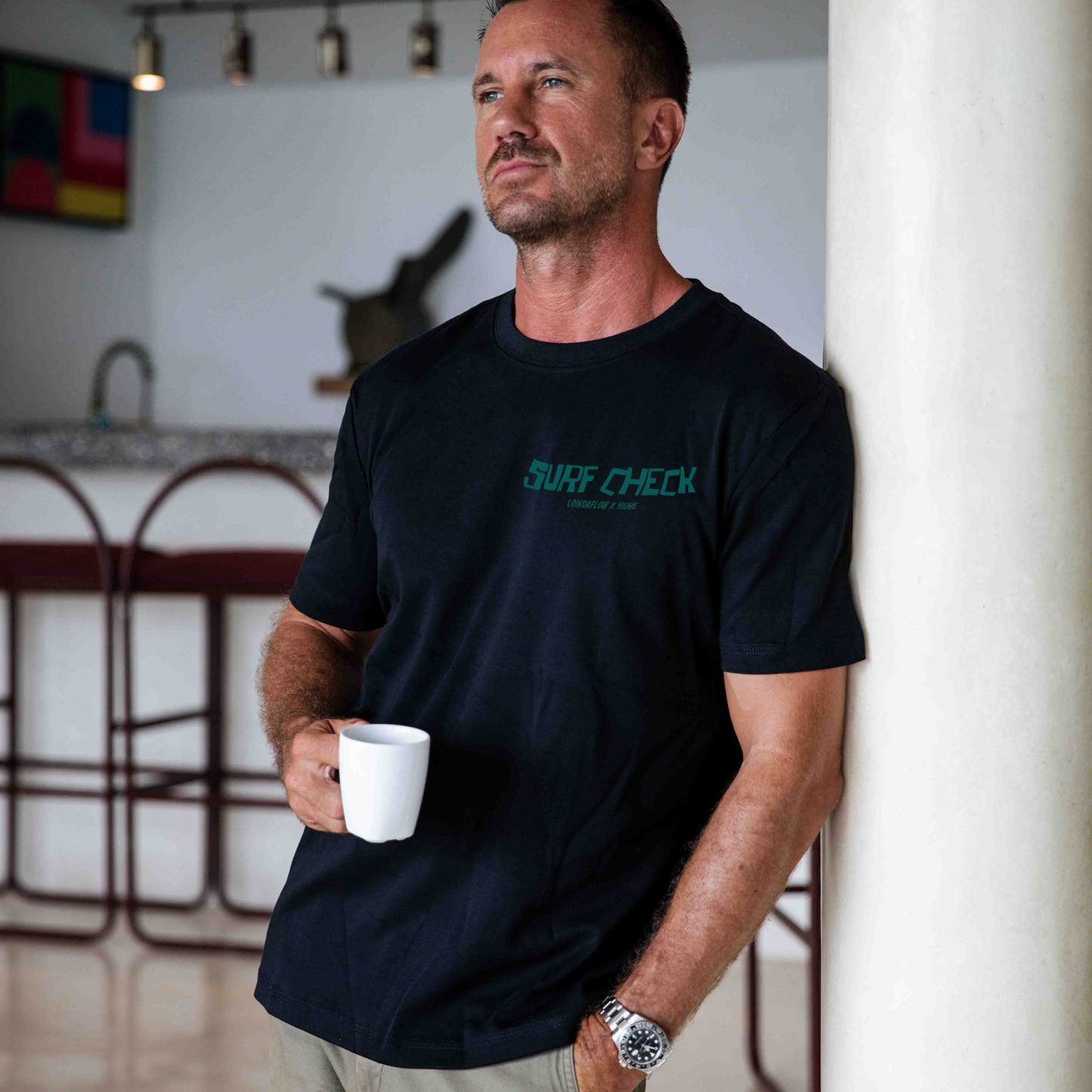 Hawaiian Tee For Men Surf Check By Loindaflow Tee Crew Neck 100% Cotton - BLACK