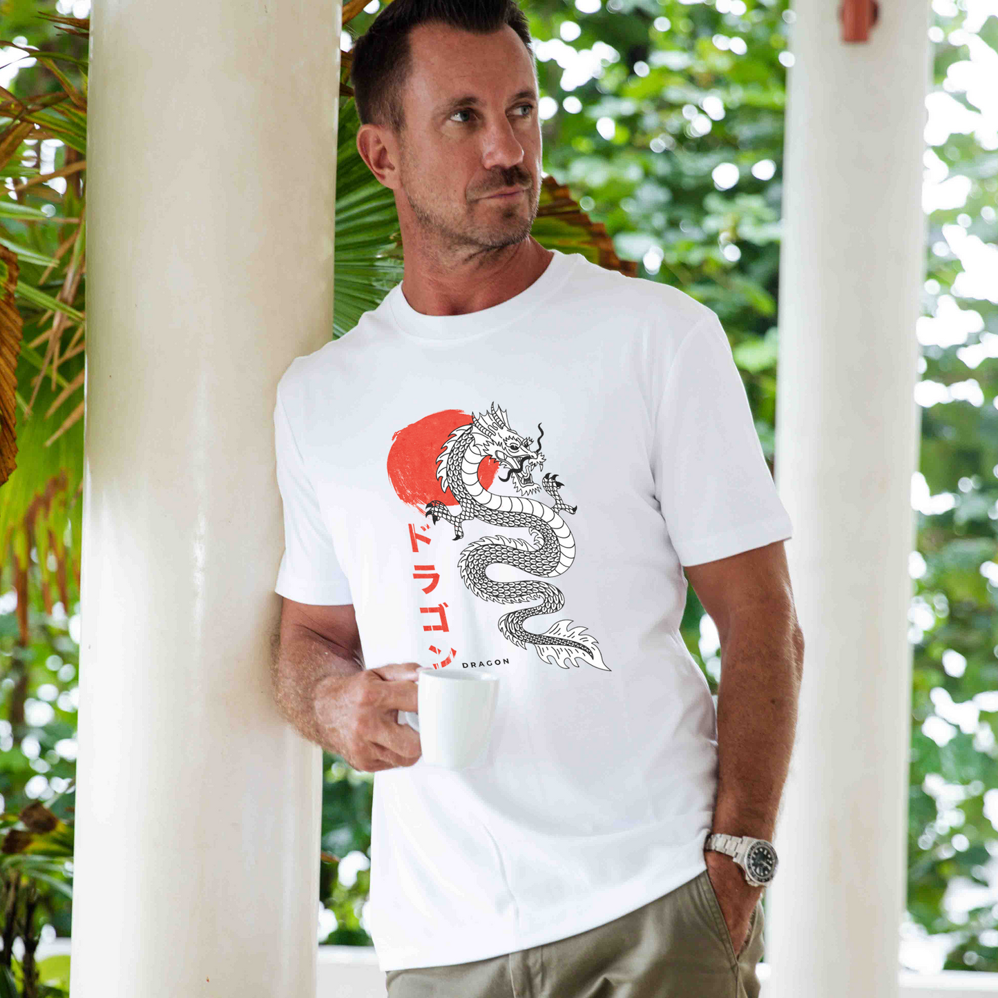 Hawaiian Tee For Men Dragon Dance Tee Crew Neck 100% Cotton - WHITE