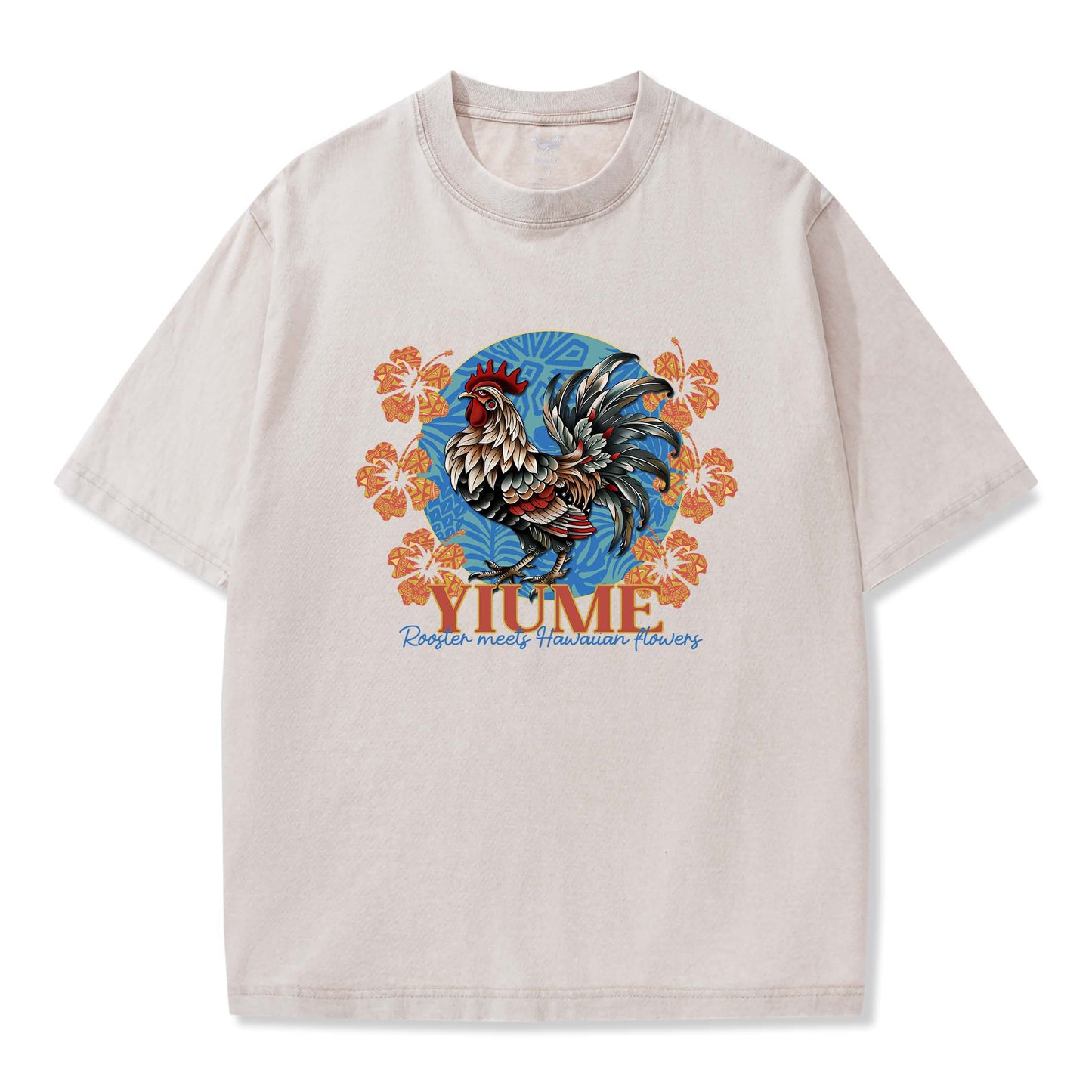 T-shirt Short Sleeve Solid Basic 100% Cotton Blue Aloha Tropical Rooster - Beige