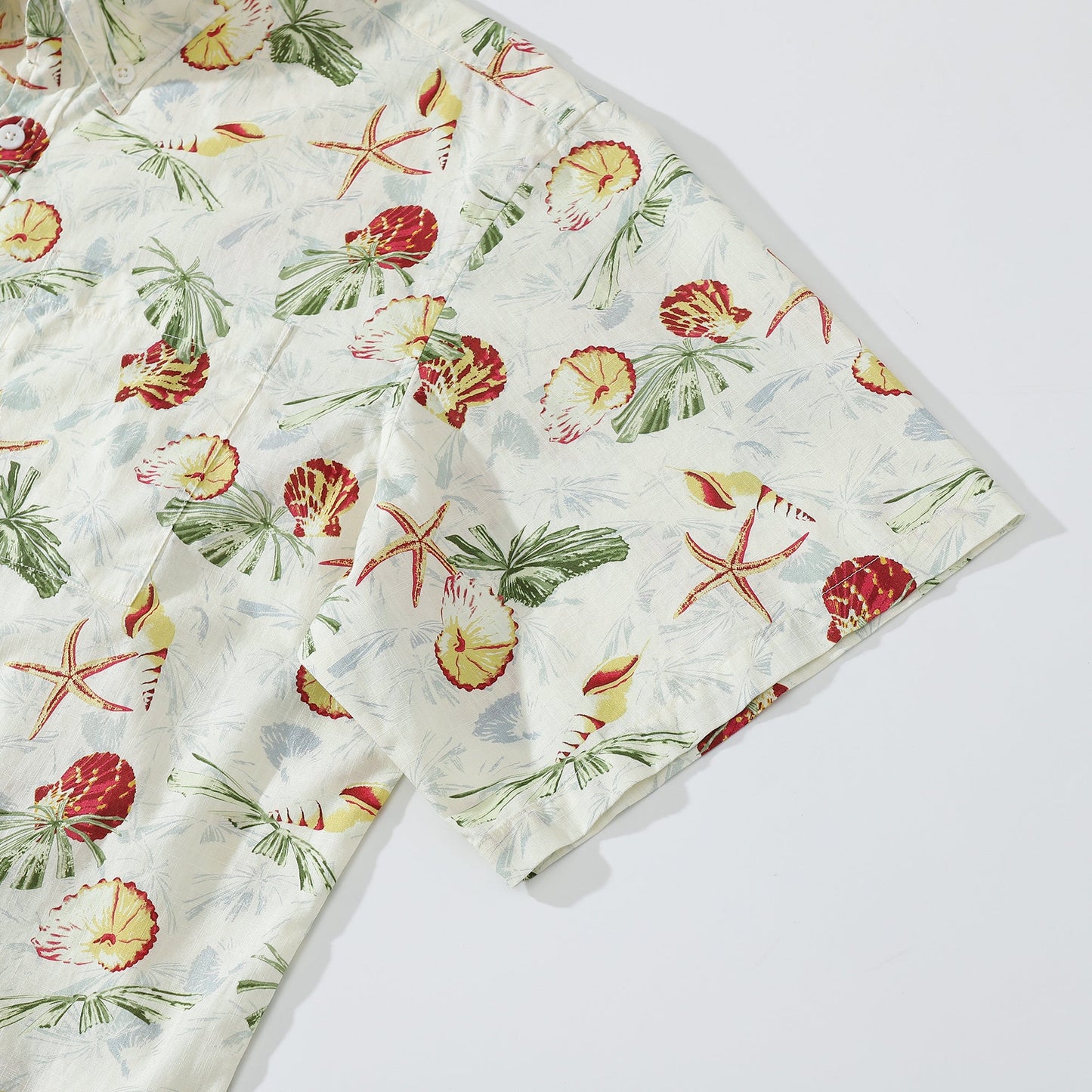 Hawaiian Men's Shirt Vintage Palm Leaf Shell Silhouette Print 100% Cotton Short Sleeve Shirt