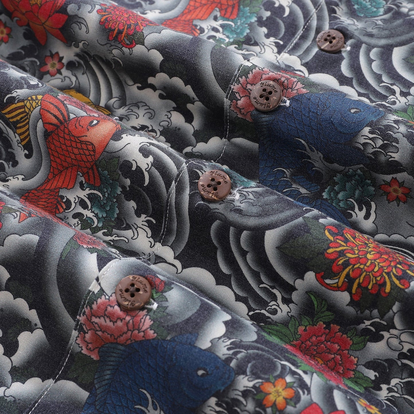 Wrinkle-Free Men's Hawaiian Shirt Japanese Koi Fish Print By Gee Button-down Short Sleeve Aloha Shirt
