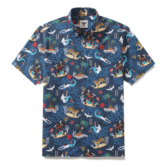 Men's Hawaiian Shirt Aloha Kabuki Print BY Julia Madoka Cotton Button-down Short Sleeve Aloha Shirt