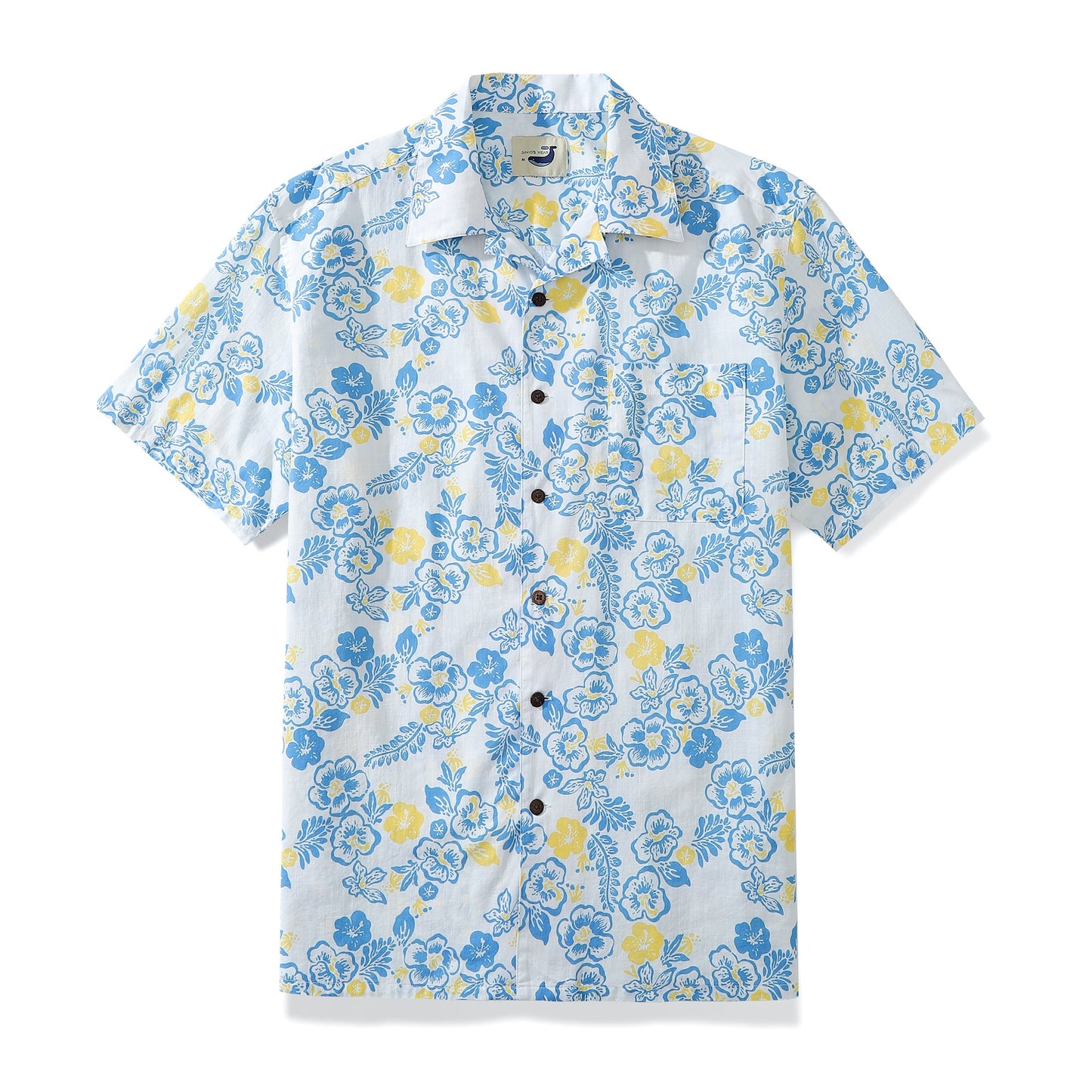 Lemon Yellow And Sky Blue Hibiscus Men's 100% Cotton Camp Shirts