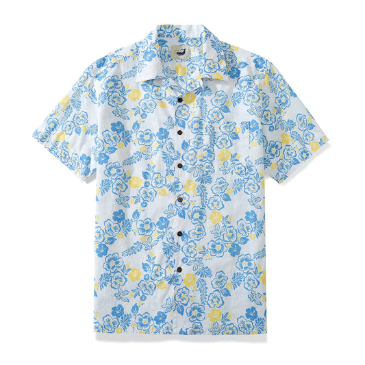 Lemon Yellow And Sky Blue Hibiscus Men's 100% Cotton Camp Shirts