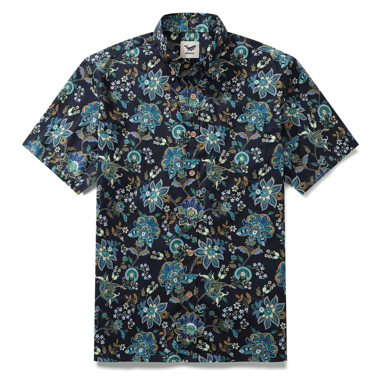 Black Hawaiian Shirt For Men Fantasy Flowers Print Short Sleeve Cotton Button Down