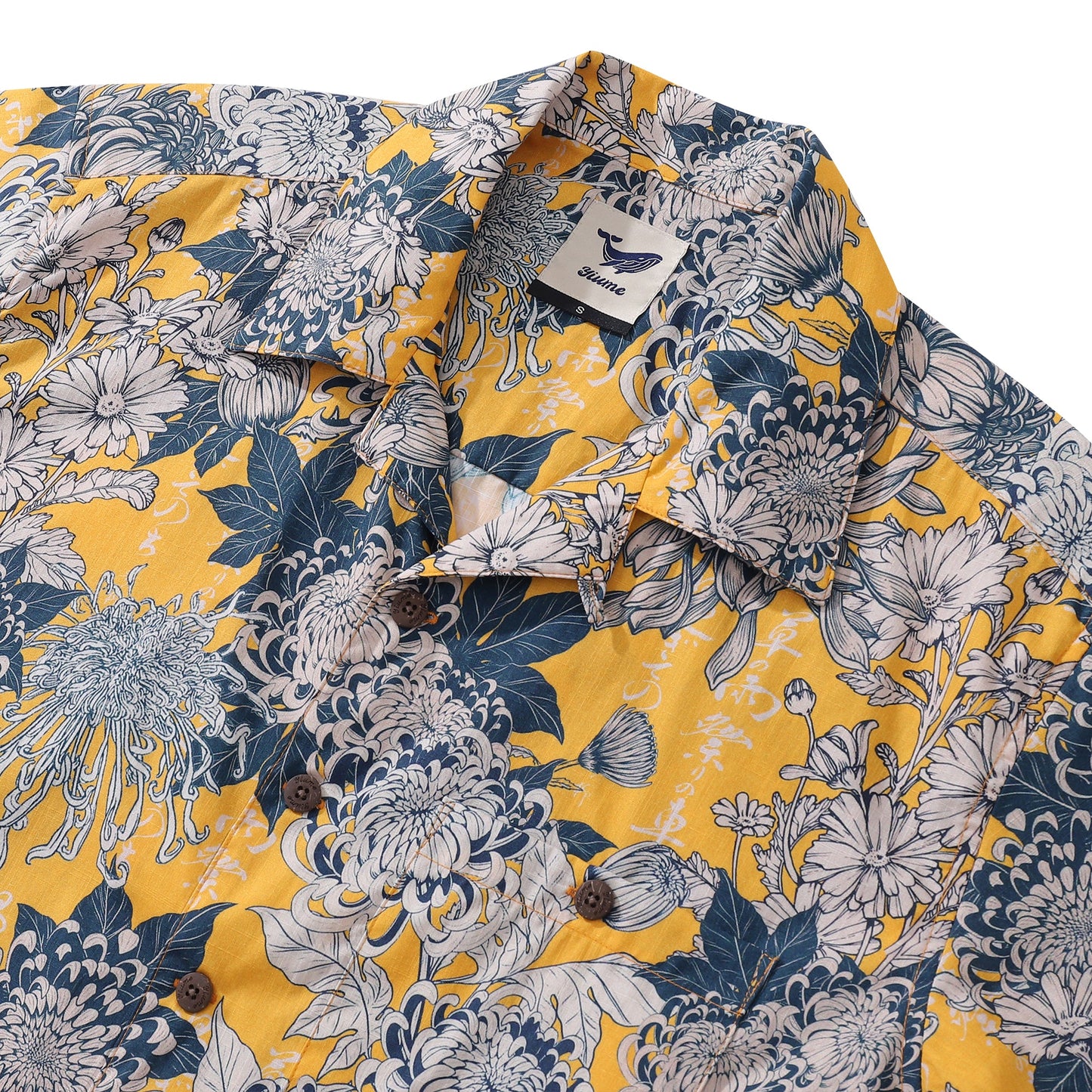 Yellow Hawaiian Shirt For Men Japanese Flower Shirt Camp Collar 100% Cotton Shirt