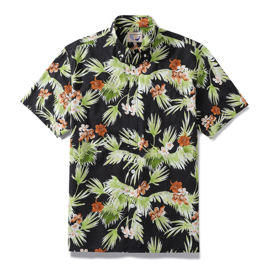 Hawaiian Shirt For Men Black Tropical Floral Print Cotton 1940s Vintage Aloha Shirt