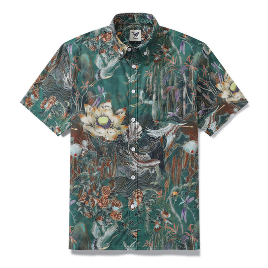 Men's Hawaiian Shirt Enchanted Lotus Tapestry Print Cotton Button-down Short Sleeve Aloha Shirt New customer exclusive