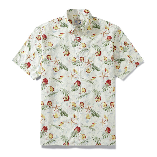 Hawaiian Men's Shirt Vintage Palm Leaf Shell Silhouette Print 100% Cotton Short Sleeve Shirt