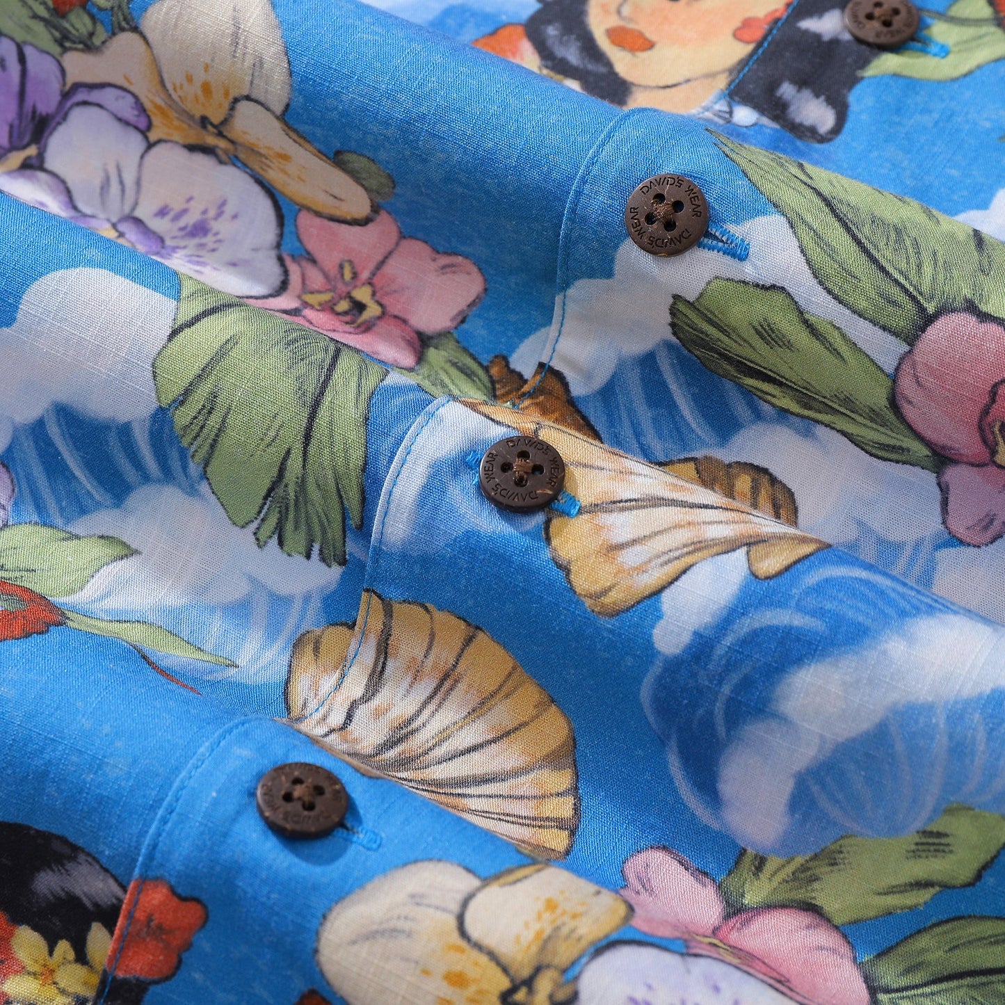 Hawaiian Shirts For Men Tropical Hibiscus Blue 1940s Vintage Hawaiian Cotton Aloha Shirt
