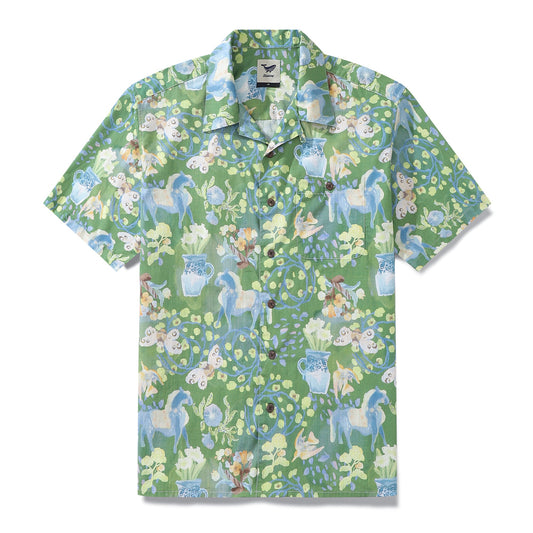 Men's Hawaiian Shirt Fantasy Garden Print Cotton Button-down Short Sleeve Aloha Shirt