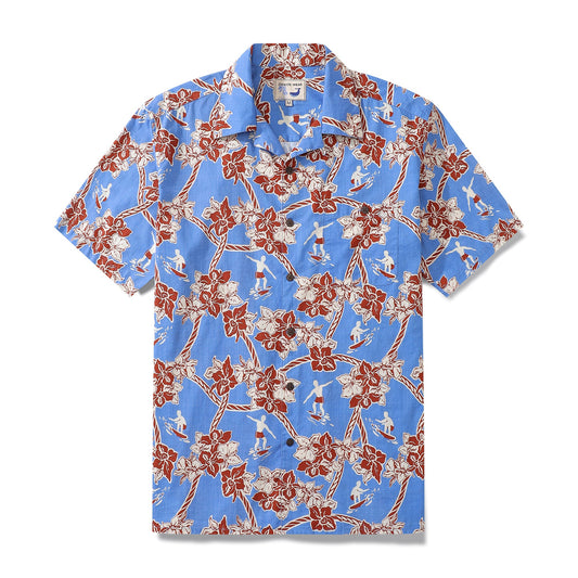 Hawaiian Shirts For Men Vintage Cotton Flower Wreath and Surfer Short Sleeve Aloha Shirt