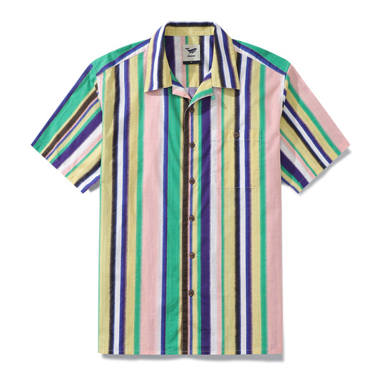 Hawaiian Shirt For Men Rainbow Stripe Shirt Camp Collar 100% Cotton