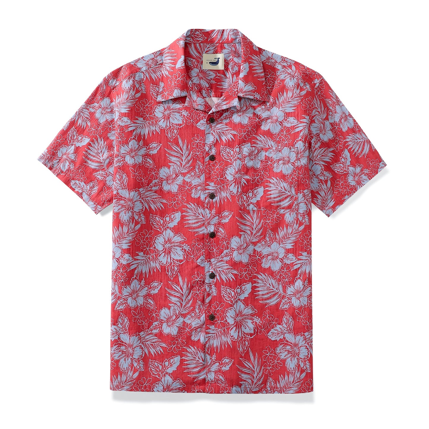 Red Hibiscus Tropical Leaves Men's 100% Cotton Camp Shirts Coconut Button