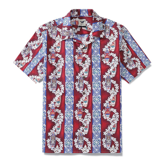 Hawaiian Shirt For Men Surfboard and Lei Shirt Camp Collar 100% Cotton