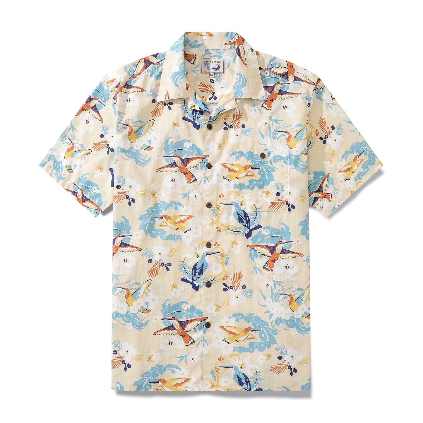 Hawaiian Shirts For Men White Flowers and Hummingbird Shirt 100% Cotton