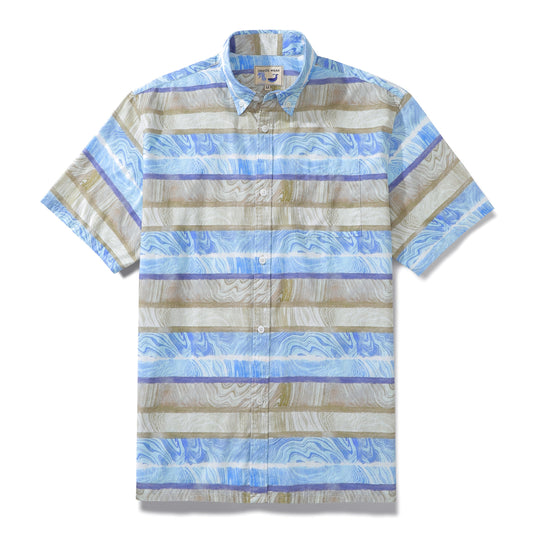 Men's Horizontal Stripe Shirt Blue Waves Print Casual Short Sleeve Button Down