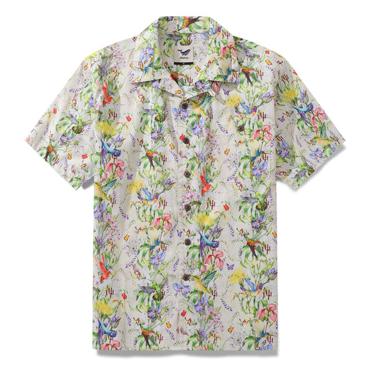 Hawaiian Shirt For Men Hummingbirds Dancing in Flowers Shirt Camp Collar 100% Cotton