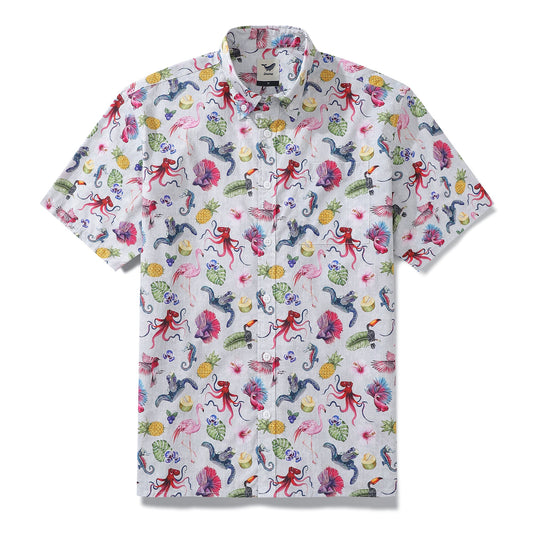 Men's Hawaiian Shirt Tropical Symphony Print Cotton Button-down Short Sleeve Aloha Shirt