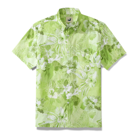 Hawaiian Shirts For Men Tropical Green Floral Cotton Button Down Short Sleeve Aloha Shirt