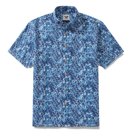 Men's Hawaiian Shirt Azure Blossoms Print Cotton Button-down Short Sleeve Aloha Shirt