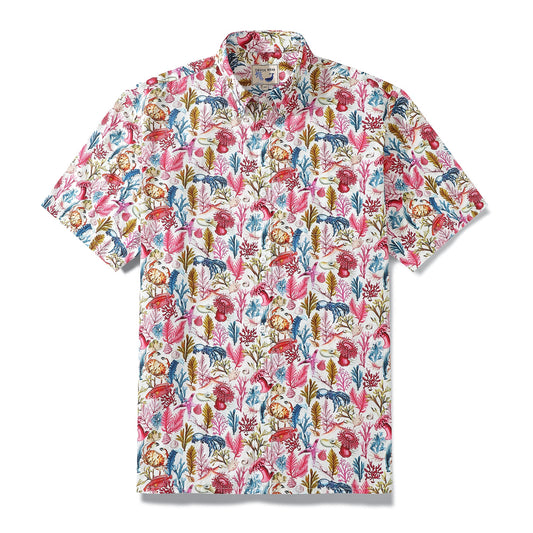 Hawaiian Shirt For Men Marine Life Print Short Sleeve Cotton Button Down - Rose Pink