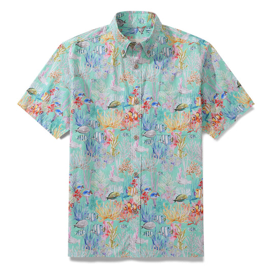 Men's Hawaiian Shirt Blue Sea Amusement Park Cotton Button-down Short Sleeve Aloha Shirt