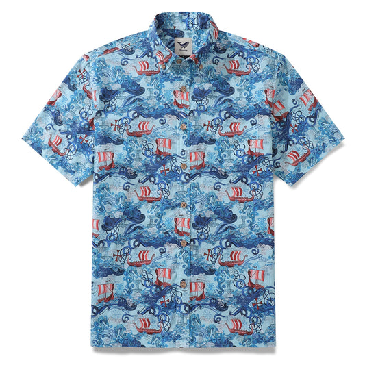 Men's Hawaiian Shirt Vikings By Alice Brown Cotton Button-down Short Sleeve Aloha Shirt